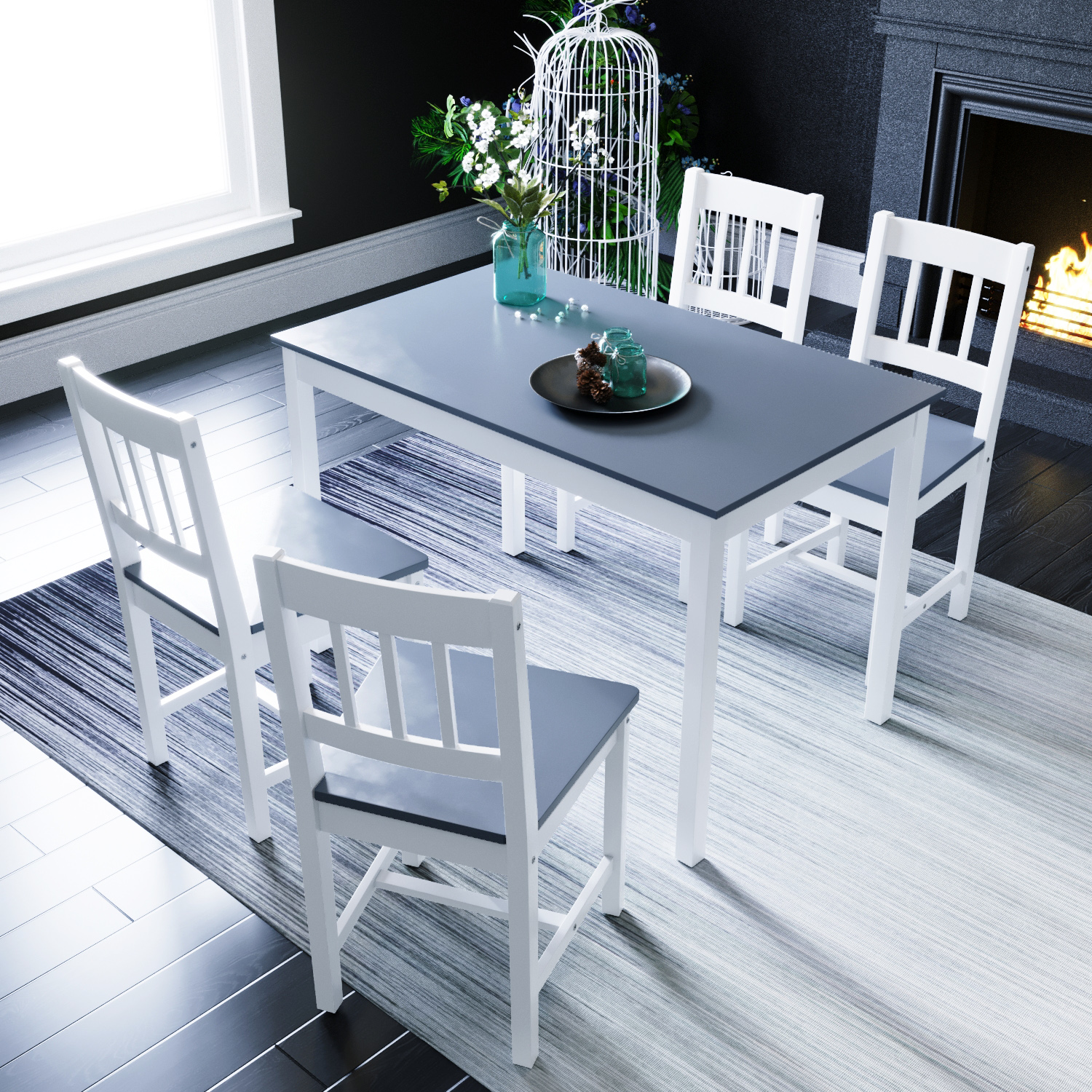 DINING TABLE AND 4 CHAIRS SET SOLID WOODEN HOME GREY WHITE KITCHEN FURNITURE 6015442356374 | eBay